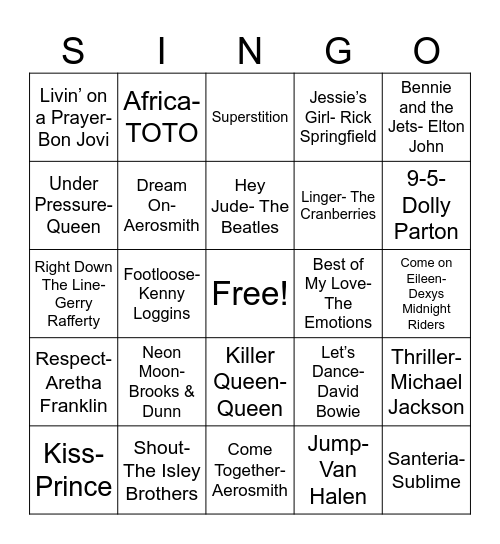SINGO Bingo Card
