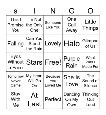 Slow Songs Bingo Card
