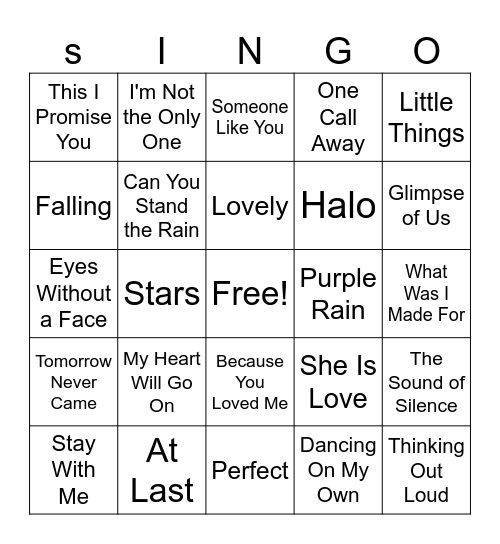 Slow Songs Bingo Card