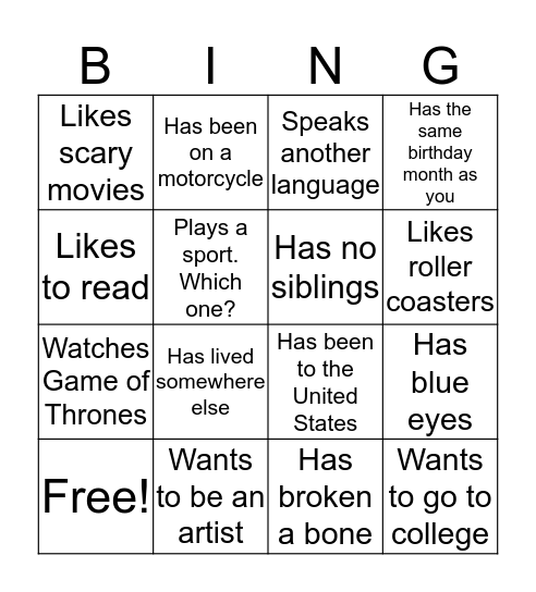 Getting to know your classmates Bingo Card