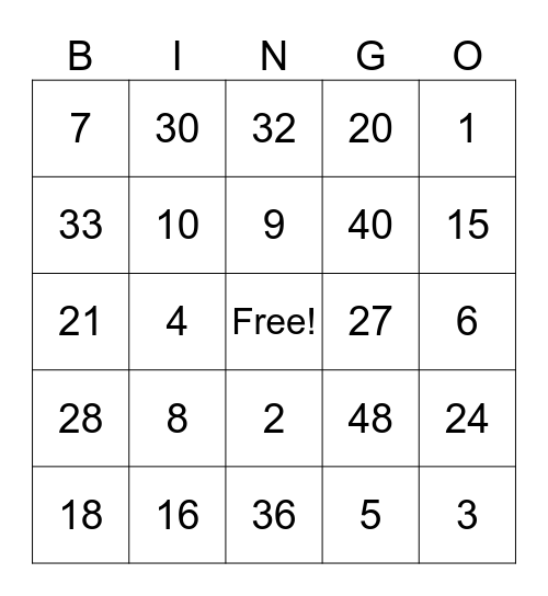 Division and Multiplication Bingo Card