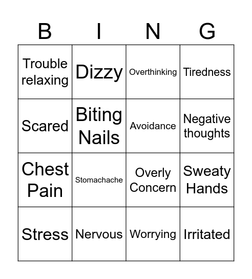 Anxiety Bingo Card