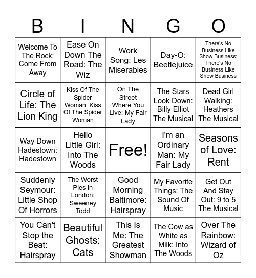 Musicals Bingo Card