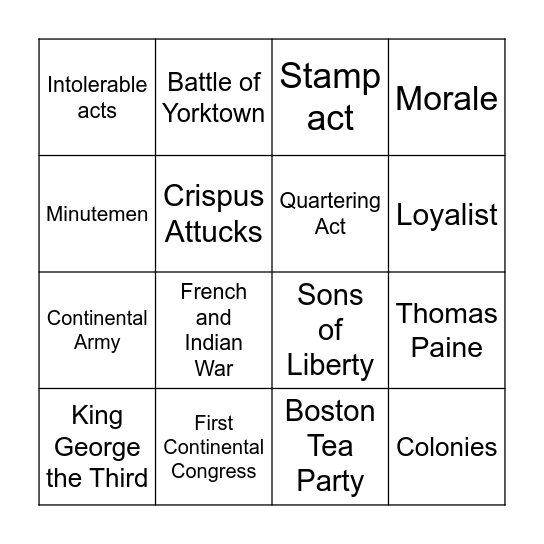 American Revolution BINGO Card