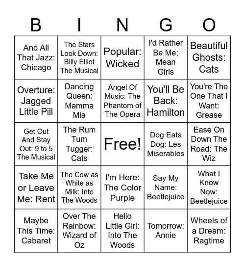 Musicals Bingo Card