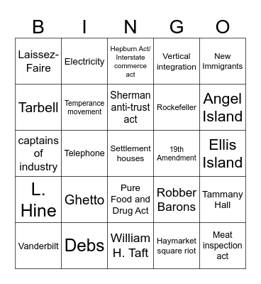 Unit 3 Progressive Era Bingo Card