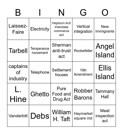 Unit 3 Progressive Era Bingo Card