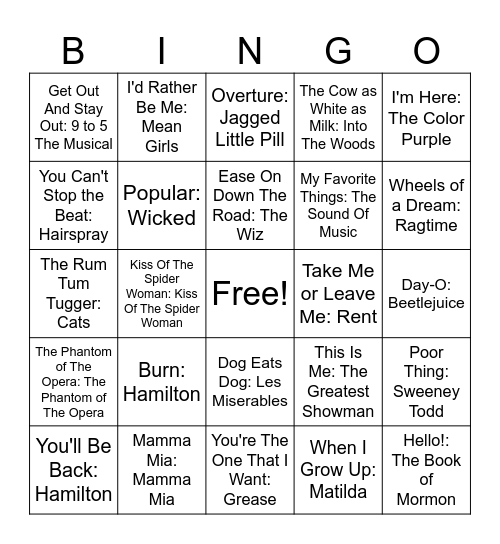 Musicals Bingo Card