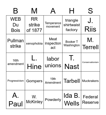 Unit 3 Progressive Era Bingo Card