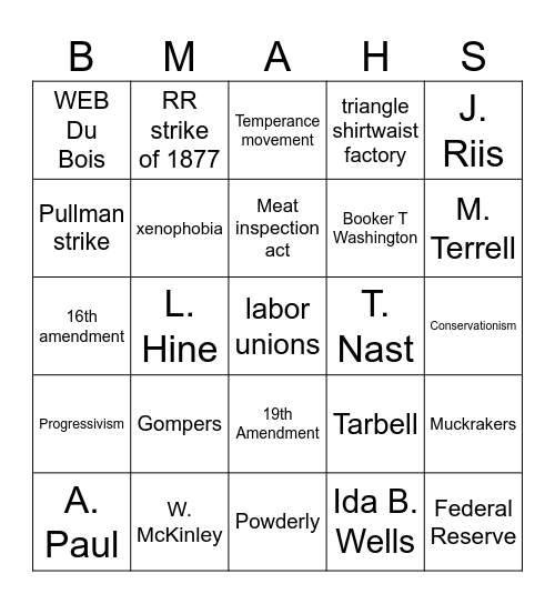 Unit 3 Progressive Era Bingo Card