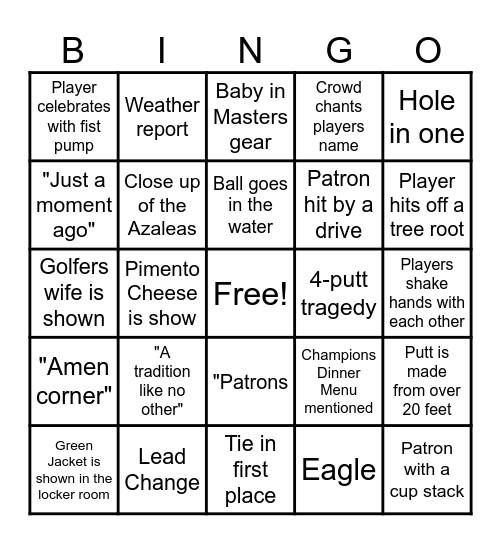 Green Jacket Bingo Card