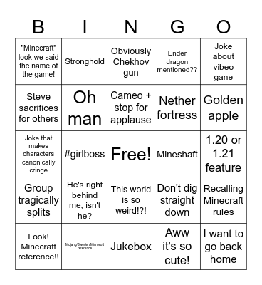 Minecraft movie watch party Bingo Card