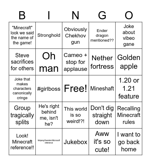 Minecraft movie watch party Bingo Card
