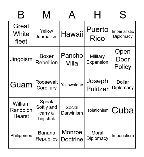 Unit 4 American Imperialism Bingo Card
