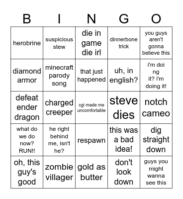 Minecraft Movie Bingo Card