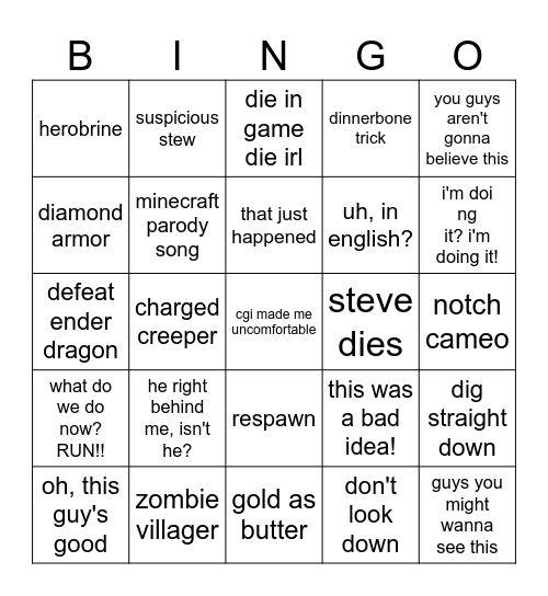 Minecraft Movie Bingo Card