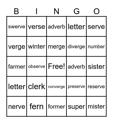 Words with ar, er Bingo Card