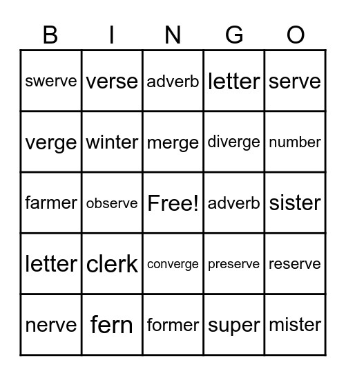Words with ar, er Bingo Card