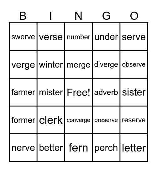 Words with ar, er Bingo Card