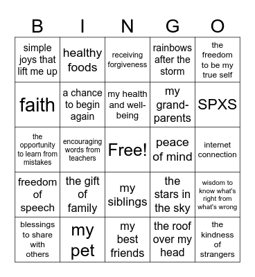 Gratitude Bingo Card