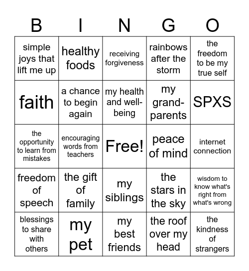 Gratitude Bingo Card