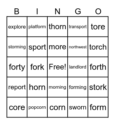 Words with or, ore /or Bingo Card