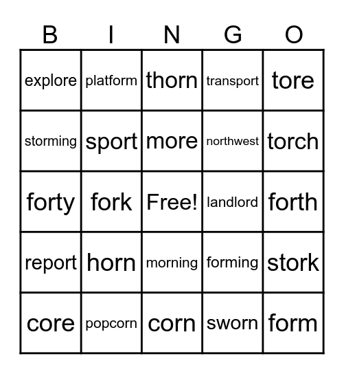 Words with or, ore /or Bingo Card