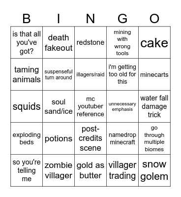 Minecraft Movie Bingo Card