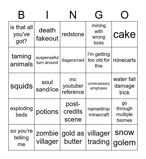 Minecraft Movie Bingo Card