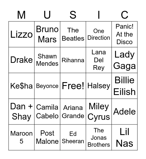 Bingo For Teens - Music Bingo Card