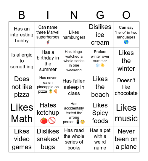 Ice Breaker Adolescent Bingo Card