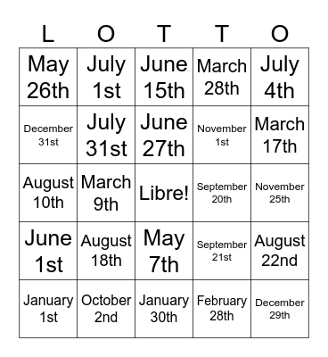 Birthdays Bingo Card