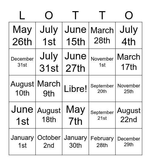 Birthdays Bingo Card