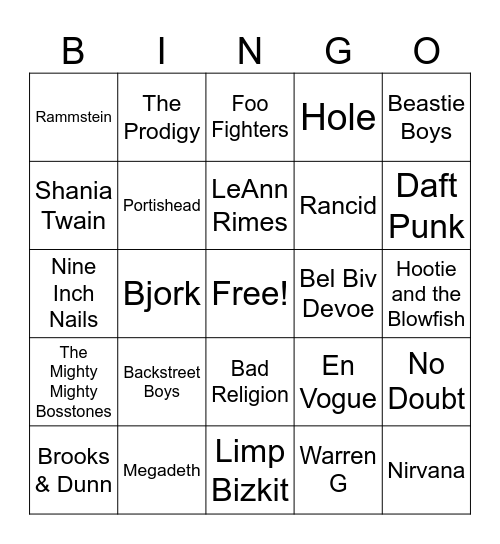 90s Musical Bingo Card