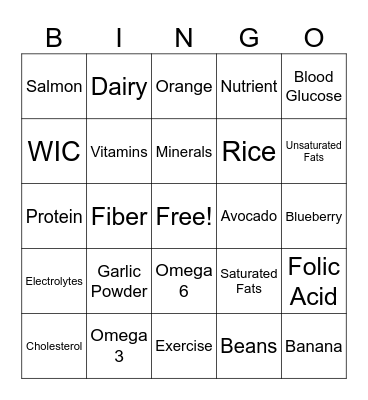 Nutrition Bingo Card
