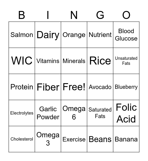 Nutrition Bingo Card