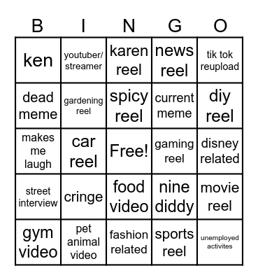 Instagram reel bingo Card