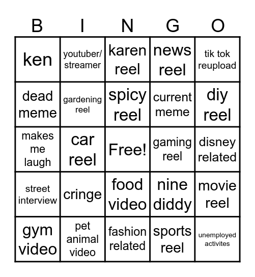 Instagram reel bingo Card