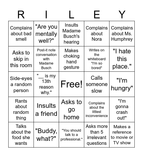 Bingo of Riley Bingo Card