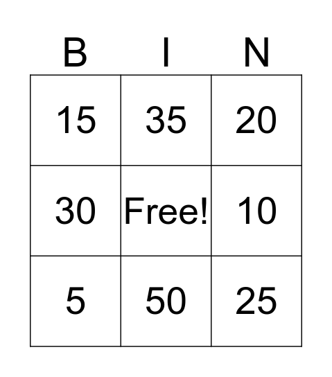 5 x Table Bingo Card