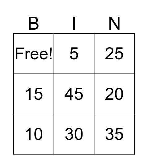 5 x Table Bingo Card