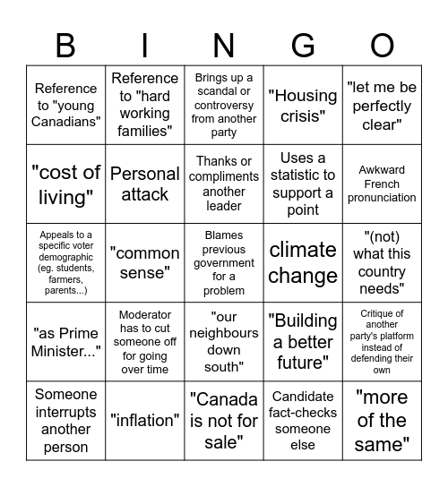 Debate Watch Party Bingo Card