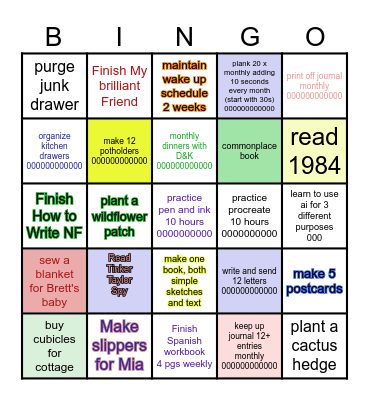 12 month Bingo Card