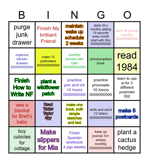 12 month Bingo Card