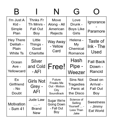 00s Pop Punk Bingo Card
