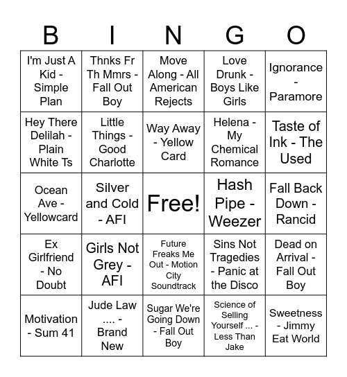 00s Pop Punk Bingo Card