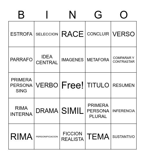 STAAR Bingo 5TH SLA Bingo Card