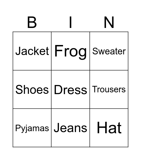 Clothes Bingo Card