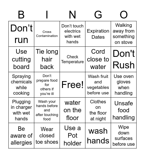 Kitchen Saftey Bingo Card