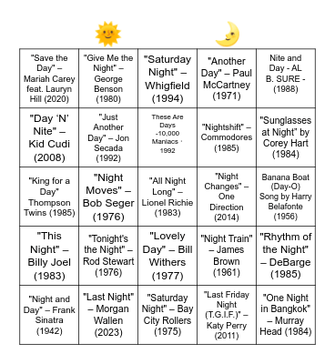 SONGS WITH "DAY OR NIGHT" IN THE TITLE Bingo Card